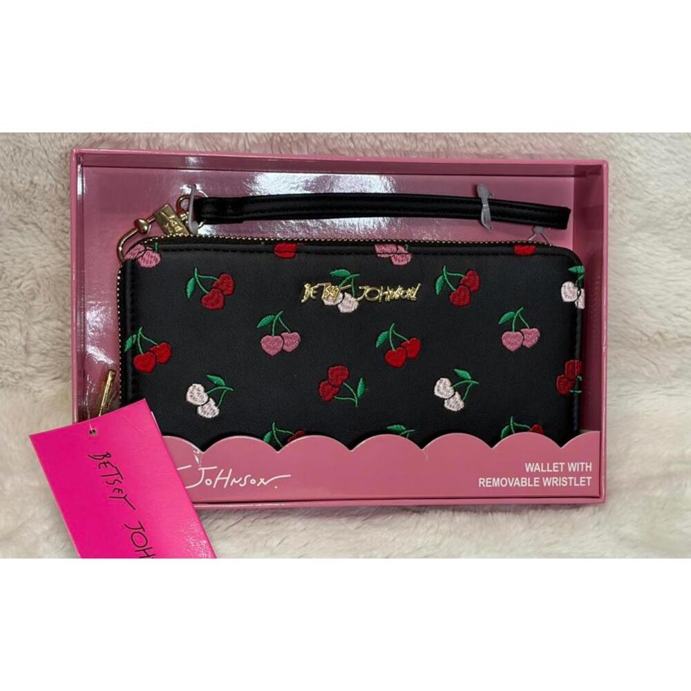 Betsey Johnson Cherry Embroidered Wallet with Removable Wristlet – Black - Picture 1 of 6